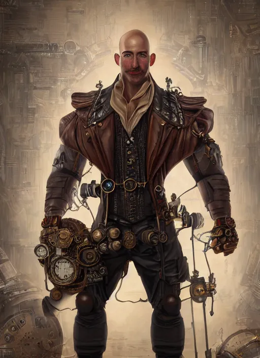 Image similar to steampunk jeff bezos is a muscular bodybuilder, au naturel, hyper detailed, digital art, trending in artstation, cinematic lighting, studio quality, smooth render, unreal engine 5 rendered, octane rendered, art style by klimt and nixeu and ian sprigger and wlop and krenz cushart.