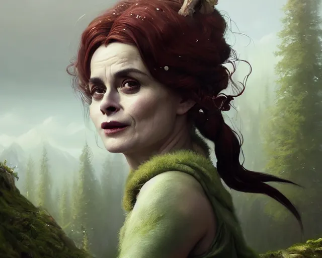 Image similar to highly detailed portrait of helena bonham carter as a bald elf, in skyrim, stephen bliss, unreal engine, fantasy art by greg rutkowski, loish, rhads, ferdinand knab, makoto shinkai and lois van baarle, ilya kuvshinov, rossdraws, tom bagshaw, global illumination, radiant light, detailed and intricate environment