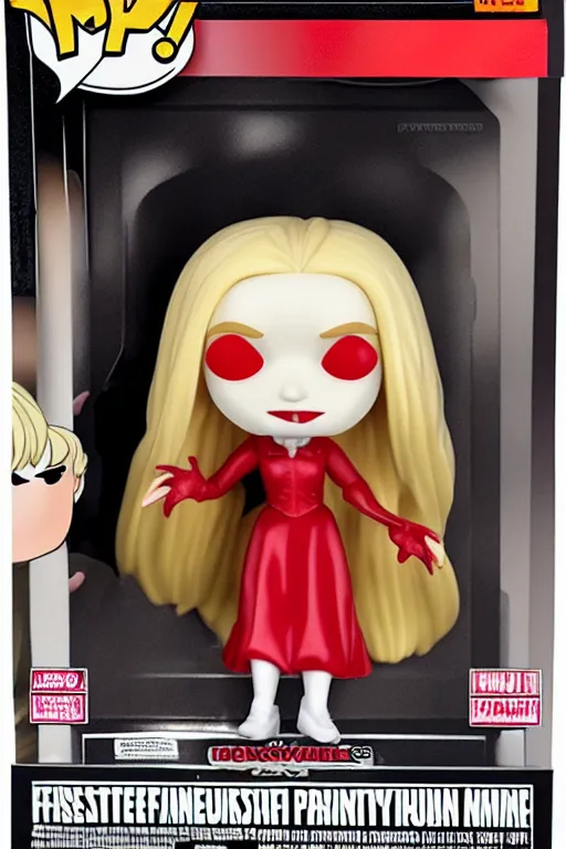 Image similar to nosferatu princess, blonde hair, wearing a red dress, highly detailed, funko pop