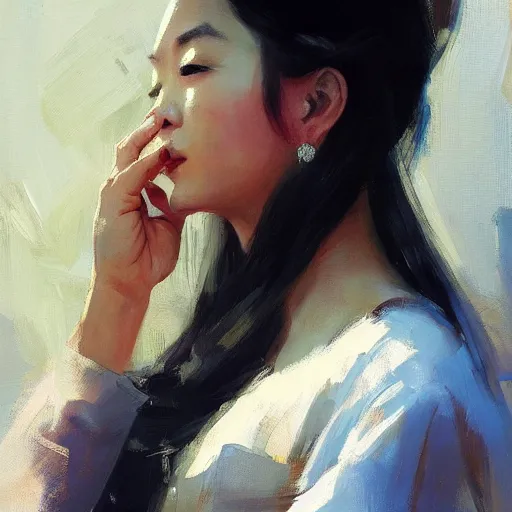 Prompt: greg manchess portrait painting of vietnamese princess, medium shot, asymmetrical, profile picture, organic painting, sunny day, matte painting, bold shapes, hard edges, street art, trending on artstation, by huang guangjian and ail elvgren and sachin teng