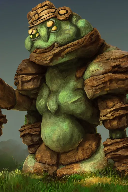 Image similar to zelda fantasy art giant golem troll wood rock greeble gemstone, global illumination ray tracing hdr fanart arstation by sung choi and eric pfeiffer and gabriel garza and casper konefal