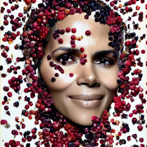 Image similar to a portrait of of halle berry constructed from berries, collage, drop shadow, organic, layered composition, layers, texture, mcu, petals, highly textured, layered, sculpted, dynamic,