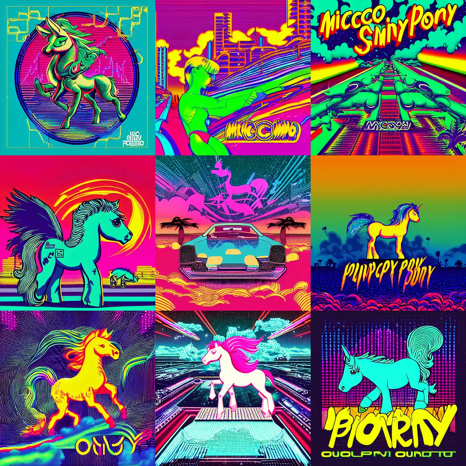 Prompt: album cover for a band called Micro pony retro, outrun, synthwave, 70's, detailed, intricate, golden ratio