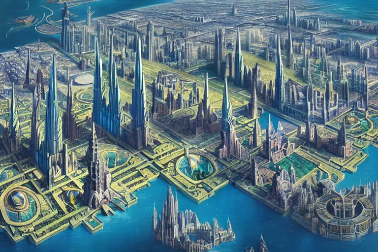 Prompt: a beautiful complex insanely detailed matte painting of the alien city of Atlantis with blue steel towers and an enormous palace cathedral by Heironymous Bosch, aerial view