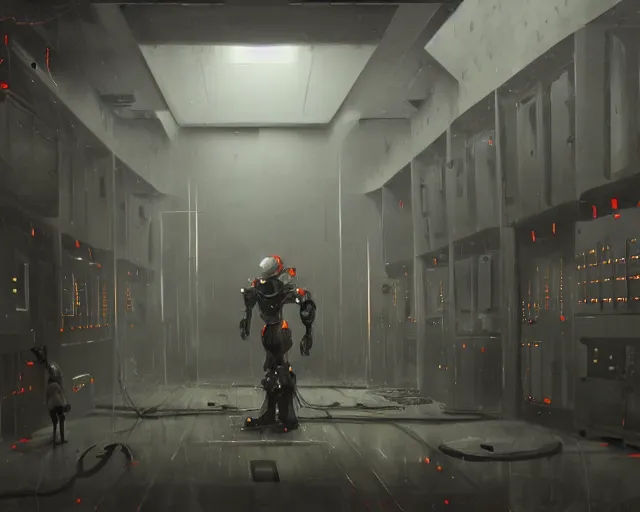 Image similar to gloomy colossal ruined server room in datacenter robot figure automata headless drone robot knight welder posing pacing fixing soldering mono sharp focus, emitting diodes, smoke, artillery, sparks, racks, system unit, motherboard, by pascal blanche rutkowski artstation hyperrealism cinematic dramatic painting concept art of detailed character design matte painting, 4 k resolution blade runner