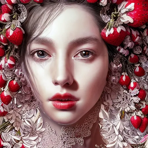 Image similar to the portrait of an absurdly beautiful, graceful, elegant, sophisticated, fashionable woman made of strawberries and white petals looking down, an ultrafine hyperdetailed illustration by kim jung gi, irakli nadar, intricate linework, bright colors, octopath traveler, final fantasy, unreal engine 5 highly rendered, global illumination, radiant light, detailed and intricate environment