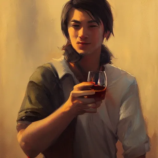 Image similar to a french alcoholic person holding a shot in the air, by ross tran, oil on canvas