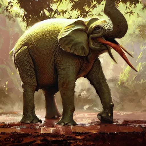 Image similar to frog - elephant creature, oil painting by craig mullins