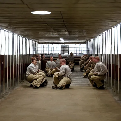 Image similar to inmates with cowheads inside a jailcell