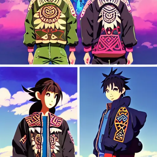 Image similar to majora majora's mask wearing oversized mayan bomber jacket with overalls, bulky poofy bomber jacket with mayan patterns, aztec street fashion, genshin impact art style, gapmoe yandere grimdark, trending on pixiv fanbox, painted by greg rutkowski makoto shinkai takashi takeuchi studio ghibli, akihiko yoshida