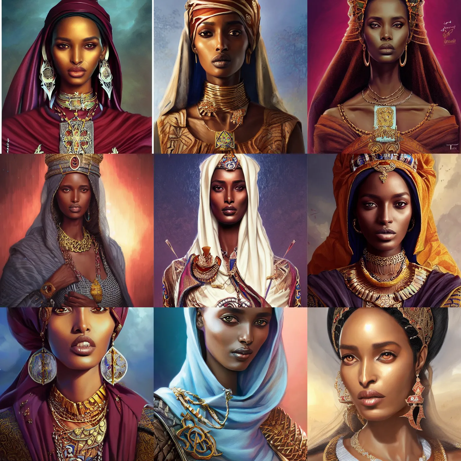 Prompt: somali empress, fatima siad, D&D, fantasy, portrait, highly detailed, digital painting, trending on artstation, concept art, sharp focus, illustration, art by artgerm and greg rutkowski and magali villeneuve