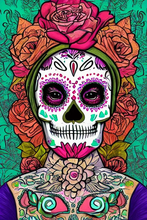 Image similar to illustration of a sugar skull day of the dead girl, art by amr elshamy