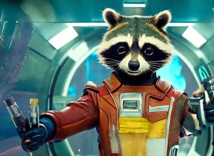 Prompt: film still of Rocket Racoon working at McDonald's in the new Guardians of the Galaxy movie, 4k