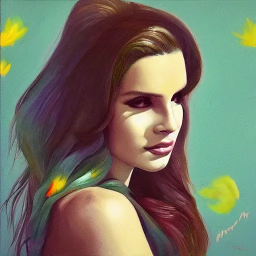 Prompt: Lana Del Rey, smooth painting, art, detailed, high saturation, smiling, beautiful hair, deep look, intense atmosphere