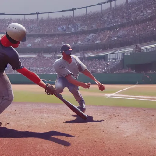 Image similar to baseball player hitting the ball with the baseball bat in the middle of the game and in front of everyone in the stadium, james gurney painting style, greg rutkowski, artstation, octane render, unreal engine 5