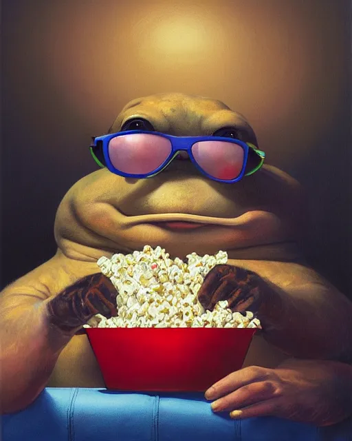 Prompt: hyper realistic oil painting of chubby toad wearing watching movie with bucket of popcorn, vibrant colors, red - blue anaglyph glasses, high contrast, by greg rutkowski, trending on artstation, animal caricaturist