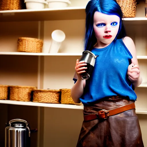 Image similar to a little blue-skinned girl with messy black hair sharp pointed ears freckles along the ridges of her cheeks in a pantry drinking from a leather flask, blue skinned dnd triton, high resolution film still, 4k, HDR colors