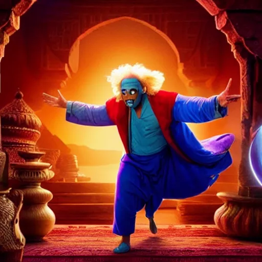 Image similar to doc brown as genie in the movie aladdin, movie still 8 k hdr atmospheric lighting