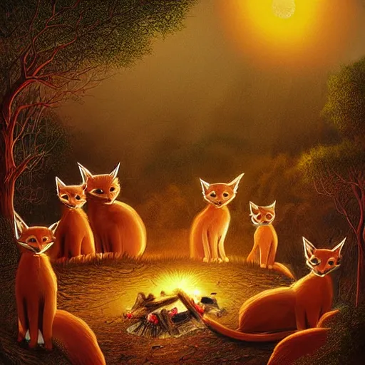 Prompt: group of cute caracals wearing red ties near campfire, one caracal playing a guitar, night, atmospheric lighting, painted, intricate, volumetric lighting, beautiful, rich deep colours masterpiece, golden hour, digital art