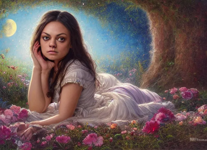 Image similar to Mila Kunis staring into the camera singing a lullaby, fireflies, full moon, Lilia Alvarado, Sophie Anderson, Mark Arian, Bob Byerley, Charlie Bowater, Mark Brooks, Steve Henderson, Justin Gerard, Arthur Hughes, Edward Robert Hughes, Mark Keathley, Victor Nizovtsev, Carlos Shwabe, Ross Tran, WLOP