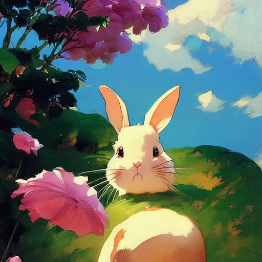 Prompt: a bunny rabbit looking up, by studio ghibli painting, by Joaquin Sorolla rhads Leyendecker, An aesthetically pleasing, dynamic, energetic, lively, well-designed digital art of a bunny rabbit looking up, overlaid with aizome patterns, by Ohara Koson and Thomas Kinkade, traditional Japanese colors, superior quality, masterpiece