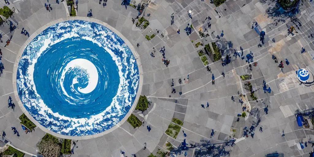 Image similar to A white and blue marble sculpture of The Great Wave off Kanagawa in the middle of an empty Italian piazza, midday, 4k photograph, sunny day, long shot, overhead view, far away