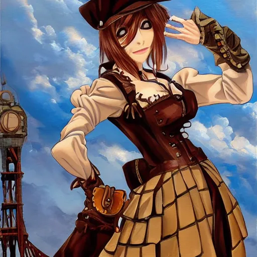 Prompt: cute anime woman in steampunk clothing doing a cute pose. oil painting masterwork