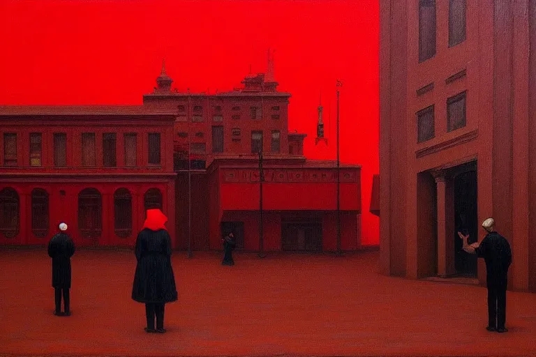 Image similar to only with red, crowd delirious at the sight of a painting, in a city square, in the style of beksinski, parts by edward hopper, parts by rodcenko, parts by yue minjun, intricate and epic composition, red by caravaggio, insanely quality, highly detailed, masterpiece, red light, artstation, 4 k