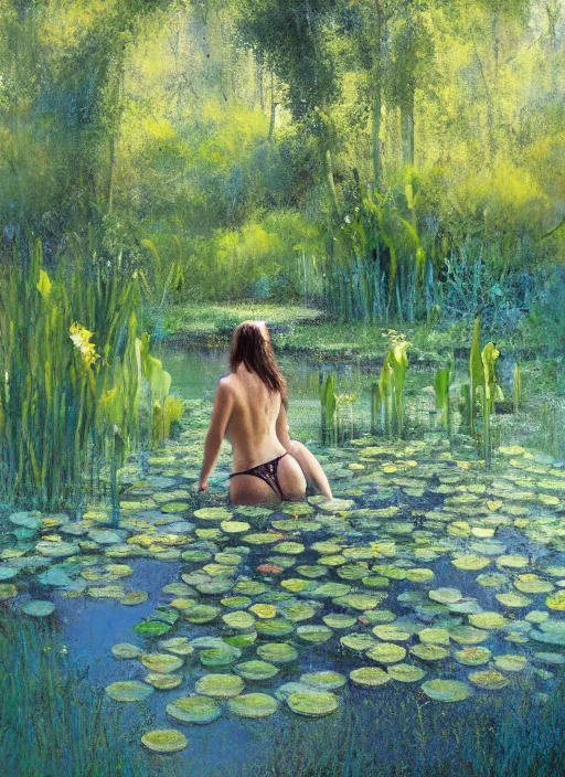 Prompt: full body portrait of a beautiful woman bathing in a shallow pond, front facing her body obscured by water lilies, aspen grove in the background, by Jeremy Mann, stylized, detailed, loose brush strokes, pastel colors, green and yellow tones