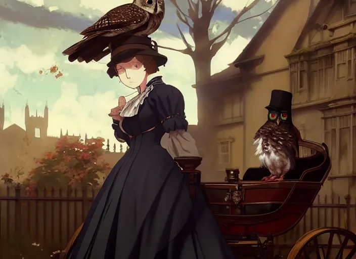 Image similar to victorian britain 1 8 3 5, florence nightingale travelling in a carriage with her pet owl in the pocket of her apron gapmoe yandere grimdark, trending on pixiv fanbox, painted by greg rutkowski makoto shinkai takashi takeuchi studio ghibli