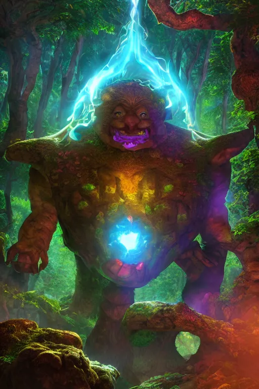 Image similar to arcane fantasy art giant golem elemental wood rock bastion forged gemstone enchanted forest troll, global illumination ray tracing hdr fanart arstation by sung choi and eric pfeiffer and gabriel garza and casper konefal lisa frank zbrush central hardmesh radiating a glowing aura