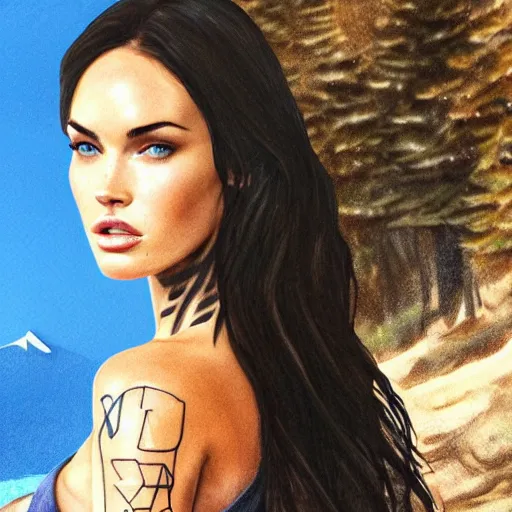 Image similar to realism tattoo sketch of double exposure megan fox against a background of beautiful mountain scenery, in the style of andrey lukovnikov