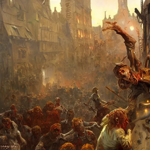 Image similar to zombies attack medieval town, close up, painting by gaston bussiere, craig mullins, j. c. leyendecker, 4 k, 8 k, trending on artstation, artstationhd, artstationhq, highest detail