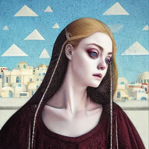 Image similar to professional painting of Elle Fanning in Santorini in the style of Conrad Roset and Dino Valls, head and shoulders portrait, symmetrical facial features, smooth, sharp focus, illustration, intricate, stormy weather, extremely detailed masterpiece,