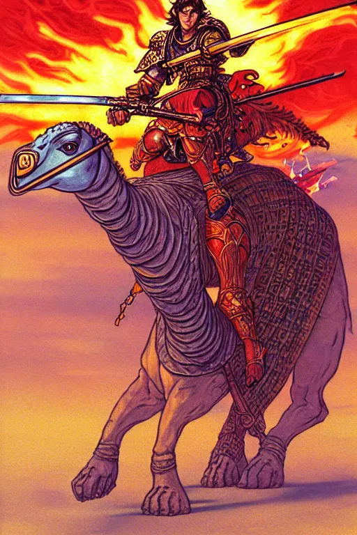 Image similar to illustration of warrior with a flaming sword riding a camel, praise the sun, in the style of moebius, ayami kojima, 1 9 9 0's anime, retro fantasy