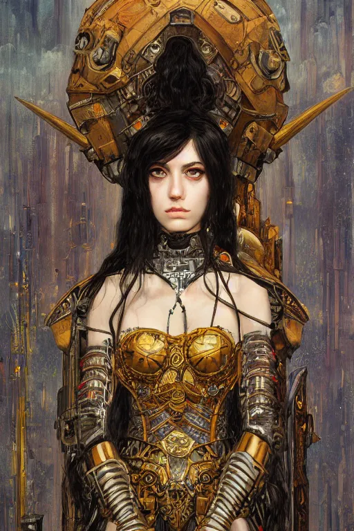 Image similar to portrait of beautiful young gothic sister of battle, cyberpunk, Warhammer, highly detailed, artstation, illustration, art by Gustav Klimt