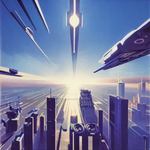 Image similar to aerial view of a science-fiction cityscape, cinematic angle, cinematic lighting, blue sky, sun in the sky, by Syd Mead, John Harris, Federico Pelat