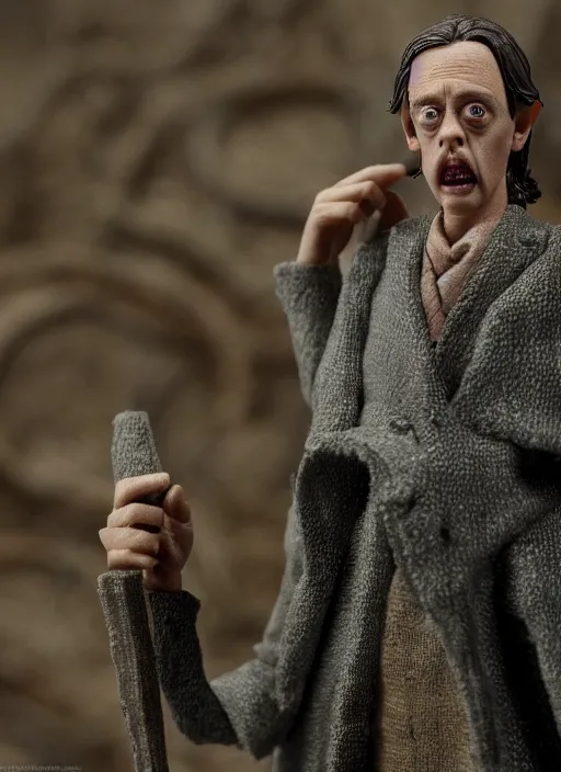 Prompt: product photography of a claymation action figure steve buscemi in lord of the rings, depth of field, zeiss lens, detailed, centered, by erwin olaf, joop geesink, diorama, breathtaking, 8 k resolution, extremely detailed, beautiful, establishing shot, hyperrealistic