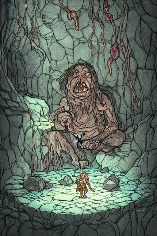 Prompt: dungeon master from d&d cartoon sitting in cave like gollum eating fish, in the style of Greg Broadmore and Arthur Rackham and Moebius, trending on artstation, light lighting side view,digital art,surrealism ,macro,blueprint ,vaporwave ,