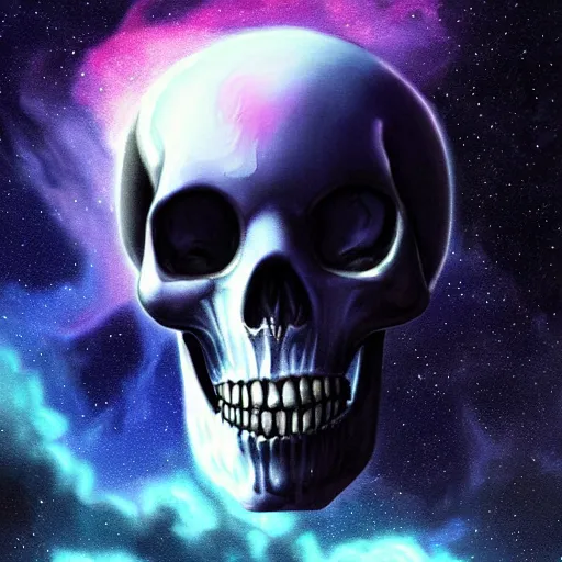 Image similar to alien skull on blue cloud nebula background, acrilic paint, digital, artstation, detailed intricate ink illustration, heavenly atmosphere, digital art, overdetailed art, concept art, complementing colors, trending on artstation, cgstudio, the most beautiful image ever created, dramatic, subtle, details, award winning artwork, beautiful scenery