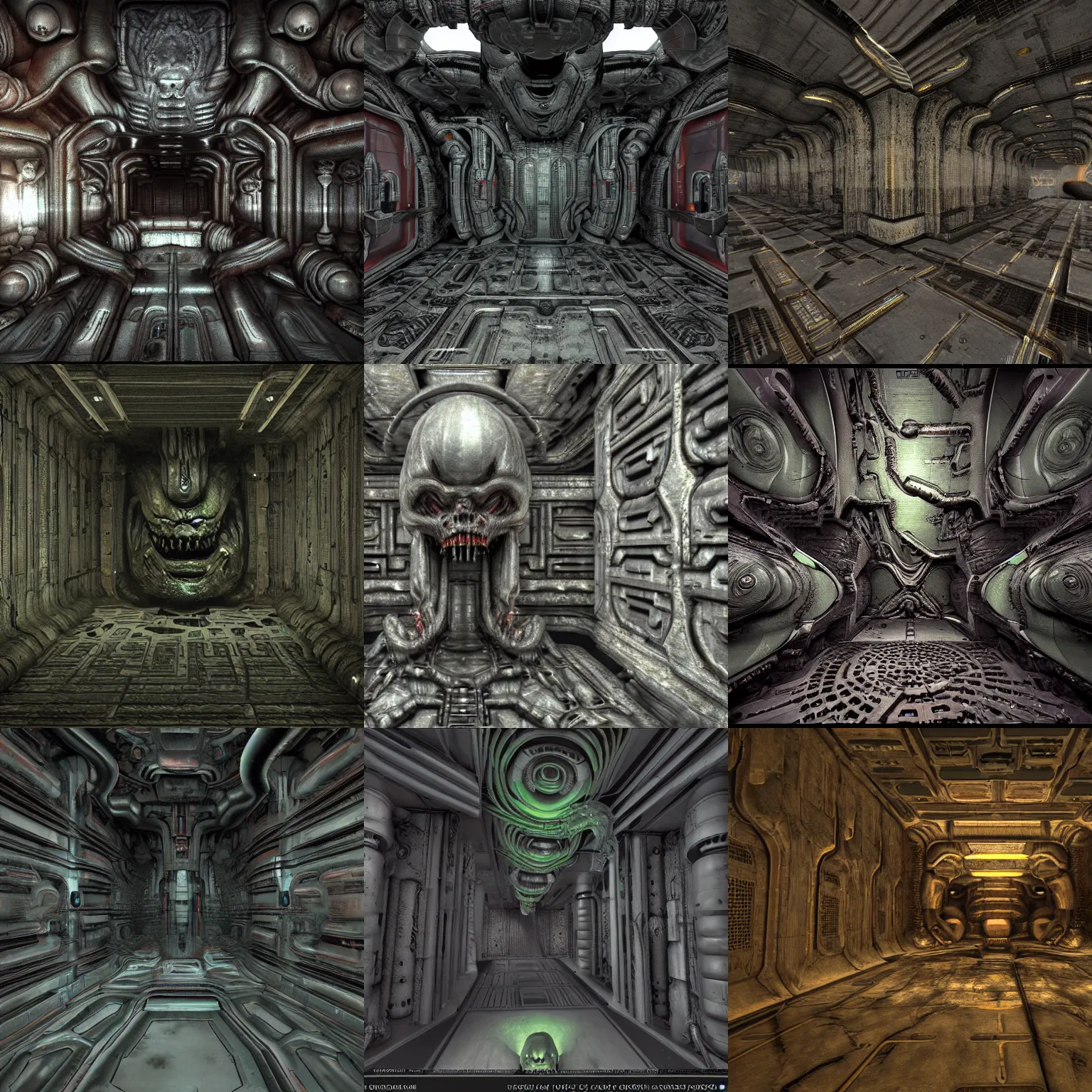 Prompt: the first level of doom but reimagined by h. r. giger, e 1 m 1, doom, alien, caustics and oily reflectance brdf, vray