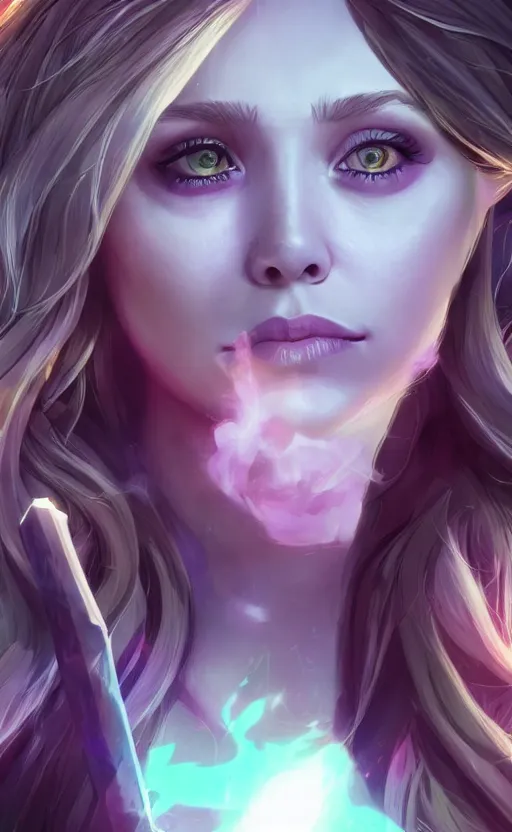 Image similar to Elizabeth Olsen as a character in the game League of Legends, with a background based on the game League of Legends, detailed face, old 3d graphics