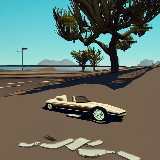 Image similar to grand theft auto ( gta ) landscape in the style of dali, trending on artstation