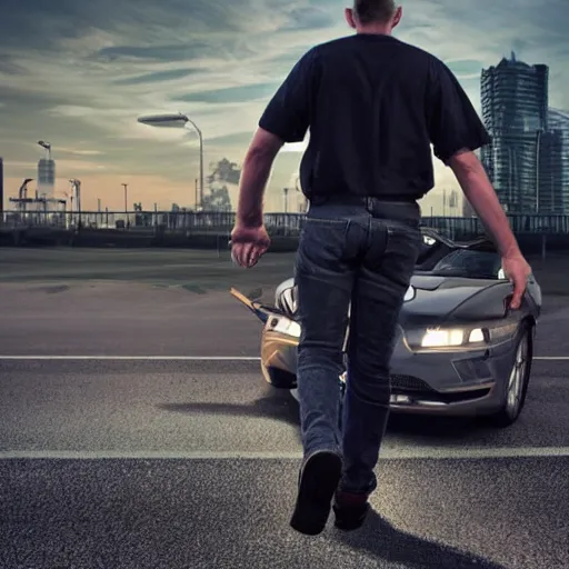 Prompt: a man with engines on his back, diesel engine, gasoline engine, combustion engine