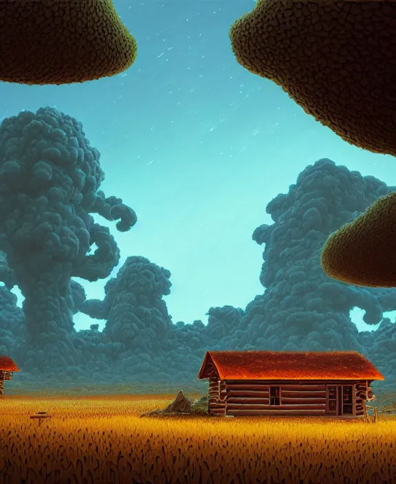 Image similar to simplicity, an elegant cabin made out of exotic fungus, overgrown with creepy blobs, organic, partly cloudy, hellscape, hell, fire, brimstone, lava, by dan mumford, yusuke murata, makoto shinkai, ross tran, cinematic, unreal engine, cel shaded, featured on artstation, pixiv