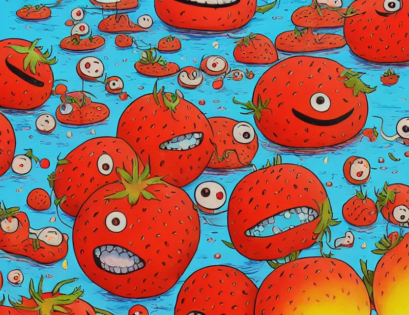 Prompt: a funny detailed high resolution painting with rough brush of a lazy red burned tomato with many googly eyes on a beach to hot for the sun, big piles of strawberry icecream surfing on a sunset by james jean