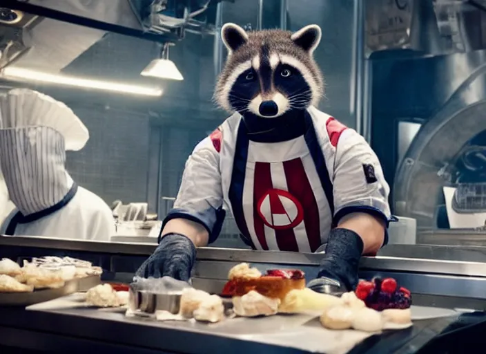 Image similar to film still of Rocket Racoon working as a pastry chef in the new Avengers movie, 4k