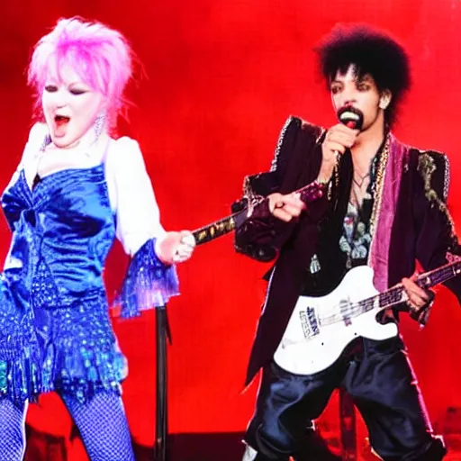 Image similar to Photo of Cyndi Lauper and Prince jamming on a stage at a festival