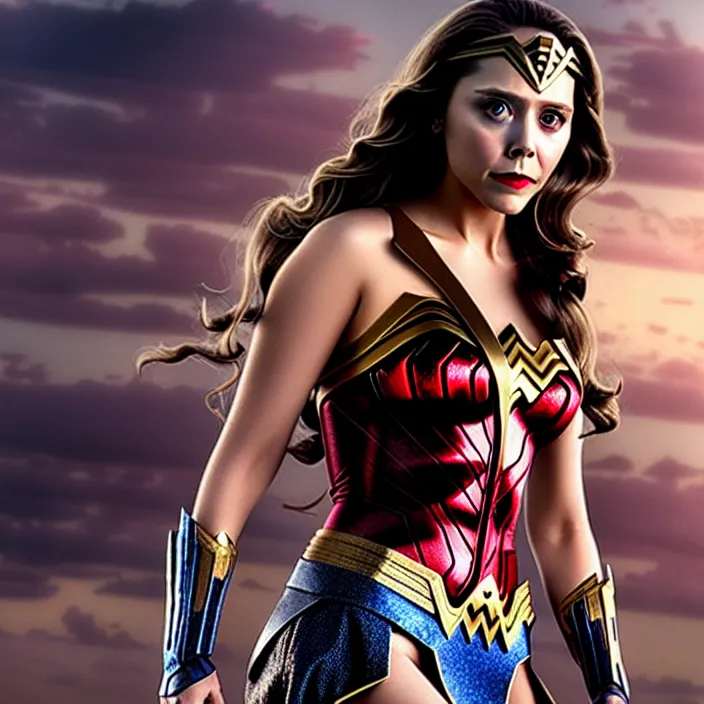 Image similar to professional full length photograph of elizabeth olsen as wonder woman. Extremely detailed. 8k