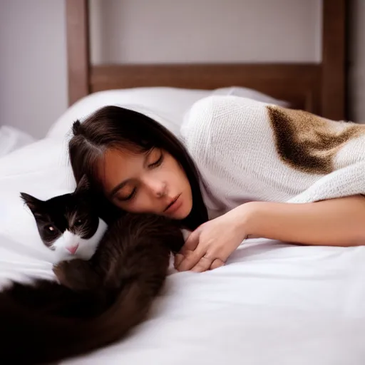 Prompt: a beautiful girl rests on a bed holding a cat, 5 0 mm lens, f 1. 4, sharp focus, ethereal, emotionally evoking, head in focus, volumetric lighting, blur dreamy outdoor,